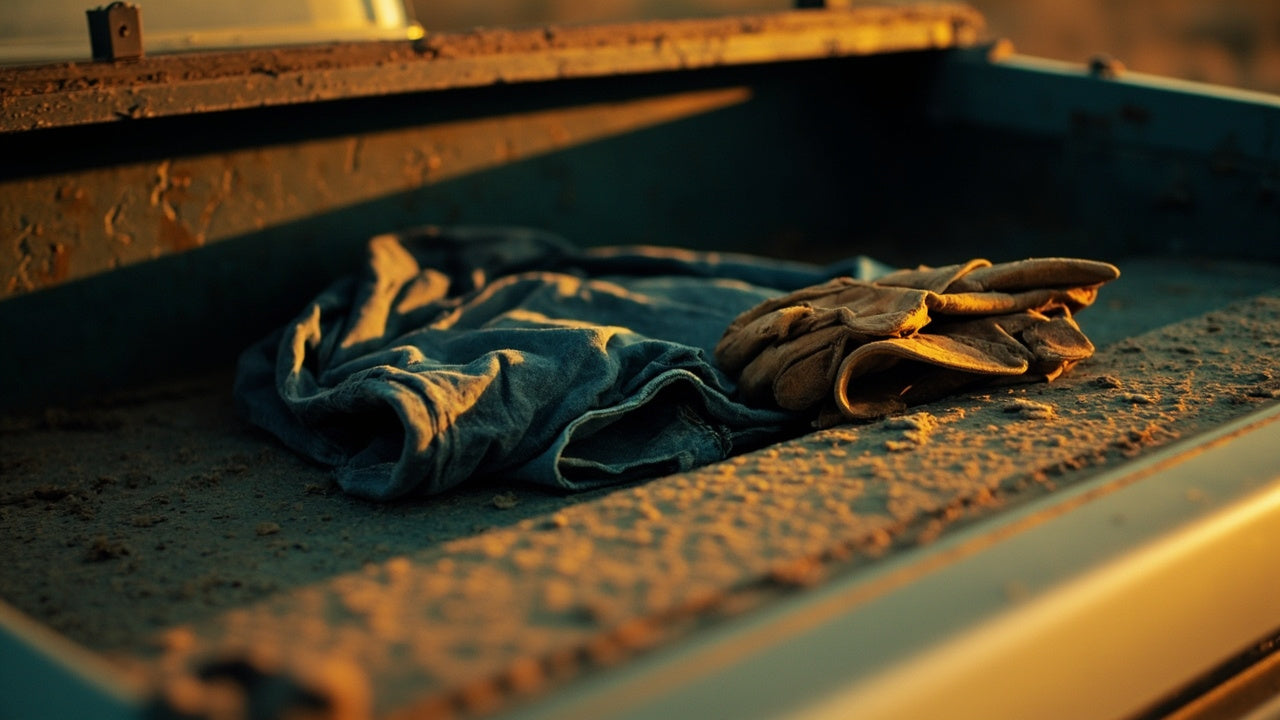 folded rugged ranch tee on dusty truck tailgate with worn gloves