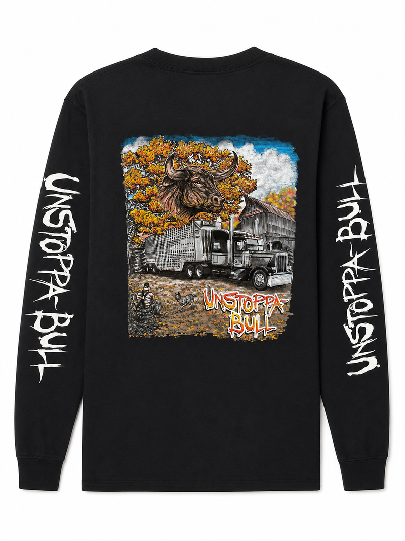 Black Unstoppabull Ranch Art Longsleeve with printed ranch artwork and sleeve lettering