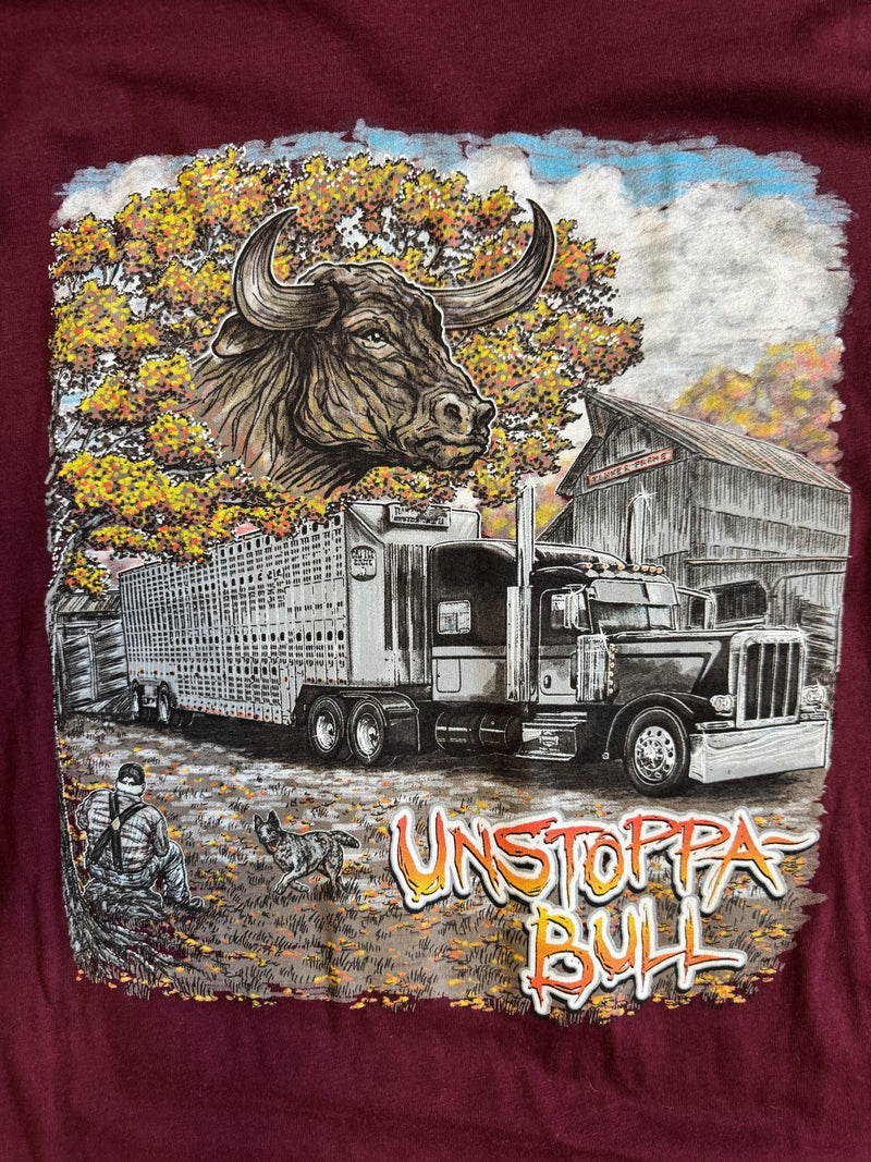 Detailed Unstoppabull ranch illustration with a bull, livestock truck, and barn
